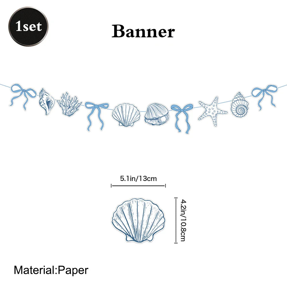 Elegant Ocean Mermaid Birthday Party Decorations Blue Bow Starfish Shell Coral Garland Banner Cake Topper Balloons Baby Shower