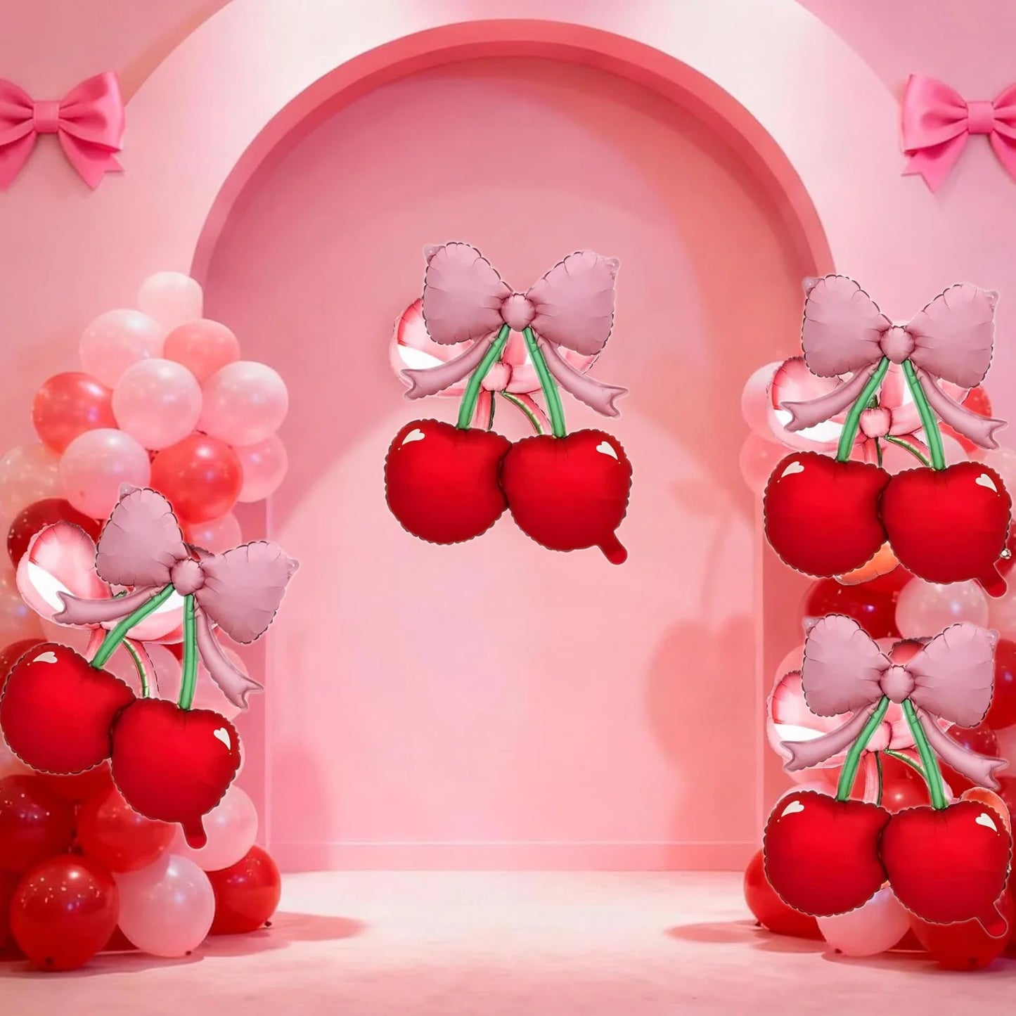 2PCS Pink Bow Red Cherry Balloons - "She's The Cherry On Top" Party Decor, Berry 1st Birthday, Girl/Women Summer Fruit Theme